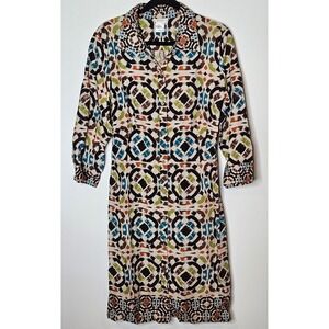 Kate Hill 100% Linen Multicolor‎ Abstract Career Midi Dress Women 16 Fall Earthy